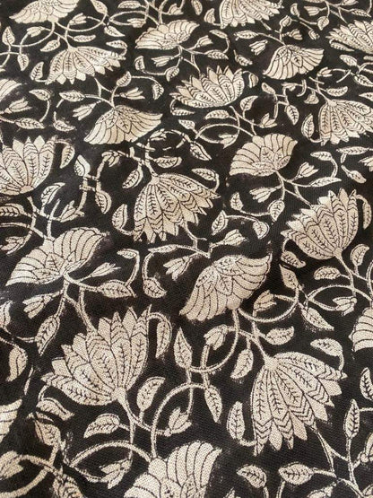 Tulip Flower , Block Print Thick Linen Fabric | Black Floral Print Upholstery Fabric, pillow cover fabric, Curtain Linen By The Yard - Maple Village Lane