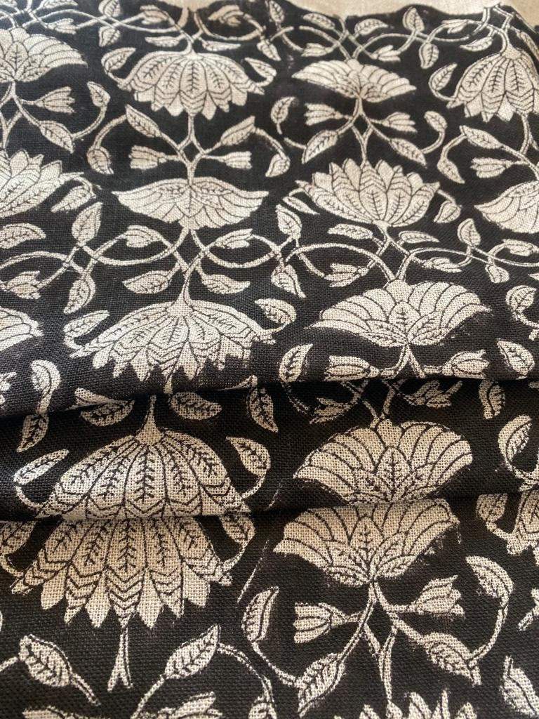 Tulip Flower , Block Print Thick Linen Fabric | Black Floral Print Upholstery Fabric, pillow cover fabric, Curtain Linen By The Yard - Maple Village Lane