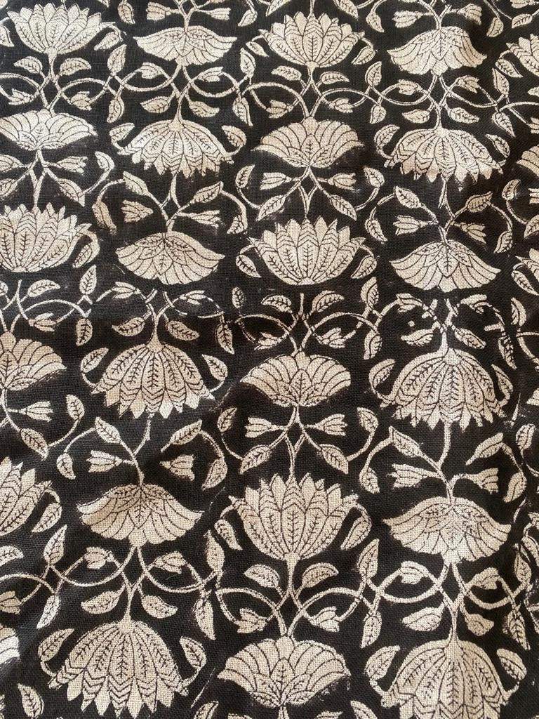 Tulip Flower , Block Print Thick Linen Fabric | Black Floral Print Upholstery Fabric, pillow cover fabric, Curtain Linen By The Yard - Maple Village Lane