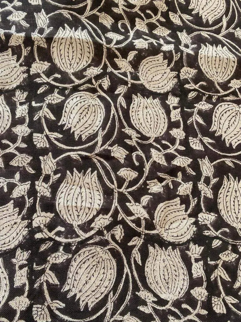 Lotus Floral Block Print Thick Linen Fabric For Upholstery, Curtains and more