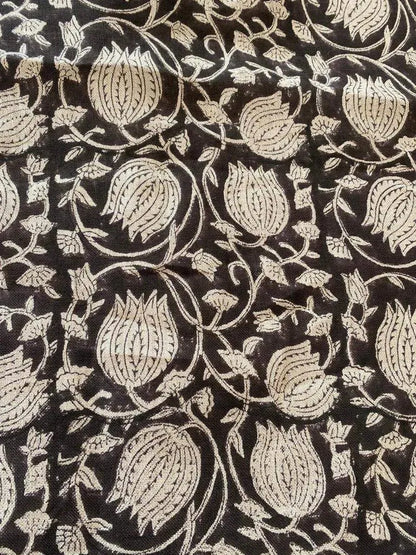 Lotus Floral Block Print Thick Linen Fabric For Upholstery, Curtains and more - Maple Village Lane