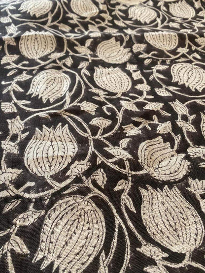 Lotus Flower , Block Print Thick Linen Fabric | Black Floral Print Upholstery Fabric, pillow cover fabric, Curtain Linen By The Yard - Maple Village Lane