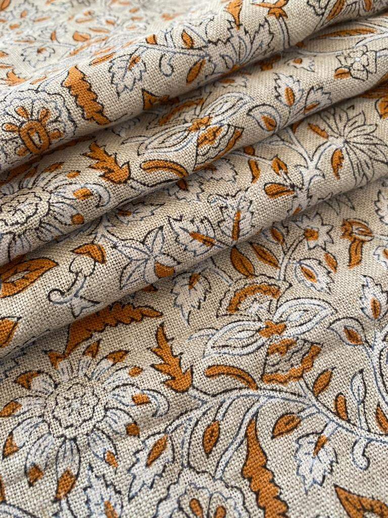 Thick Linen Pillow Cover Orange and white Decorative Cushion, Floral pillow Cover, Block Print Handloom Linen Heavy Linen Fabric By The Yard - Maple Village Lane