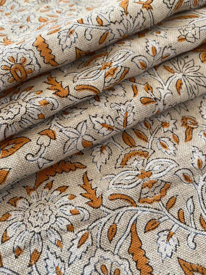 Thick Linen Pillow Cover Orange and white Decorative Cushion, Floral pillow Cover, Block Print Handloom Linen Heavy Linen Fabric By The Yard - Maple Village Lane