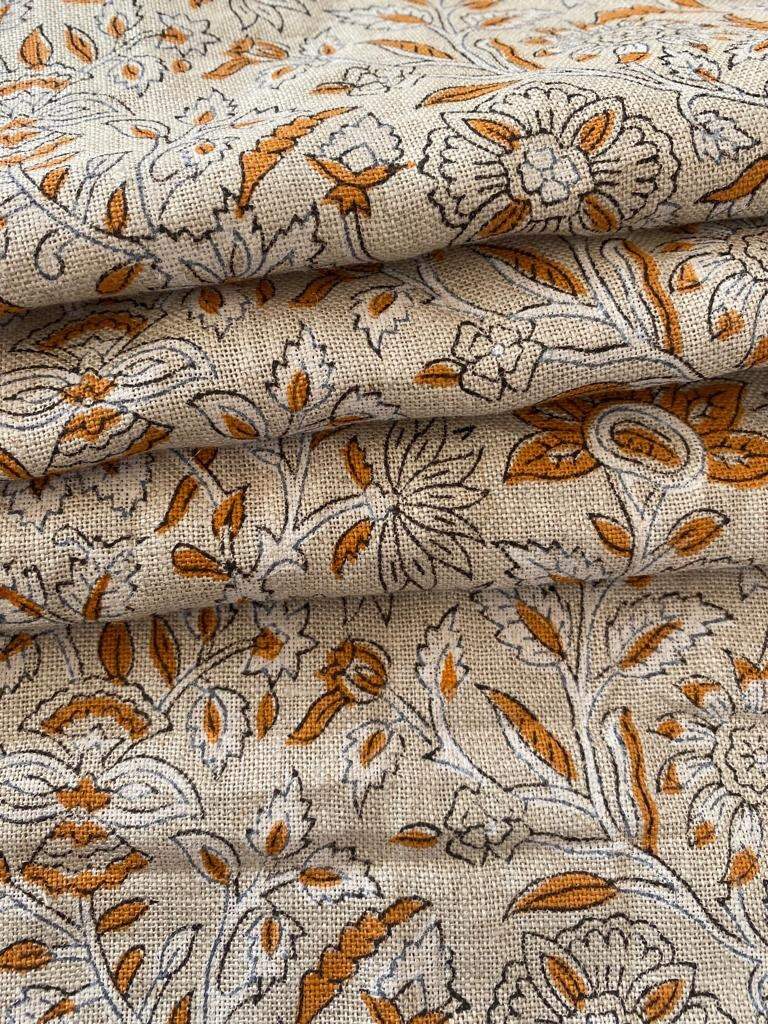 Thick Linen Pillow Cover Orange and white Decorative Cushion, Floral pillow Cover, Block Print Handloom Linen Heavy Linen Fabric By The Yard - Maple Village Lane