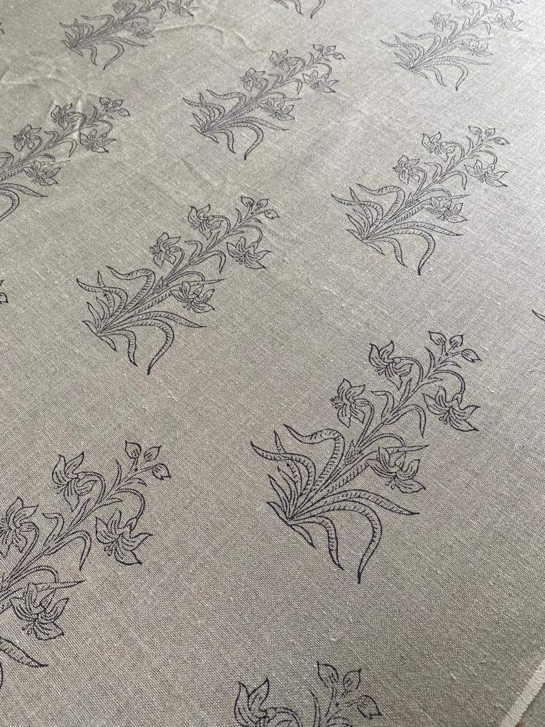 Handloom Linen Fabric - Flower Outline block print fabric - best for Upholstery , cushion cover , sofa/chair cover , and other crafts - Maple Village Lane