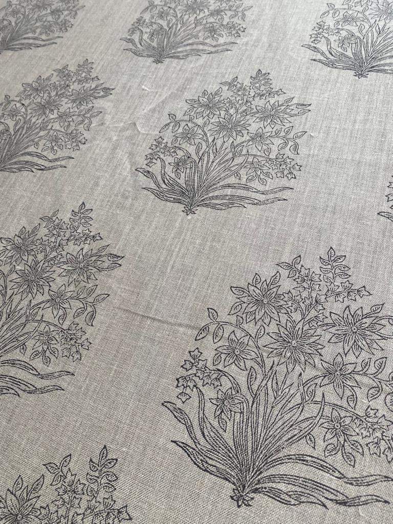 Handloom Linen Fabric - Flower Outline block print fabric - best for Upholstery , cushion cover , sofa/chair cover , and other crafts - Maple Village Lane