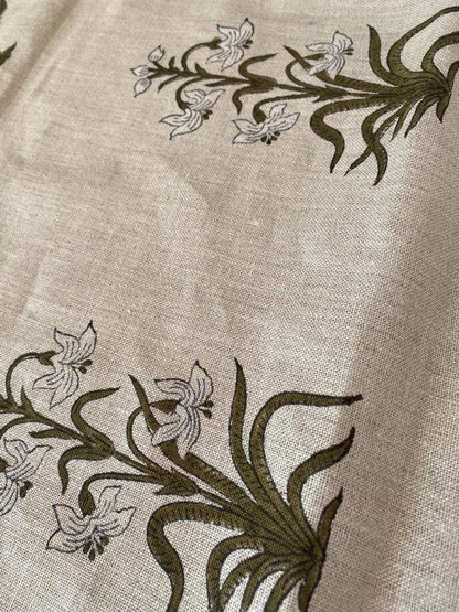 Handloom Linen Fabric -White Flower block print fabric - best for Upholstery , cushion cover , sofa/chair cover , and other crafts - Maple Village Lane