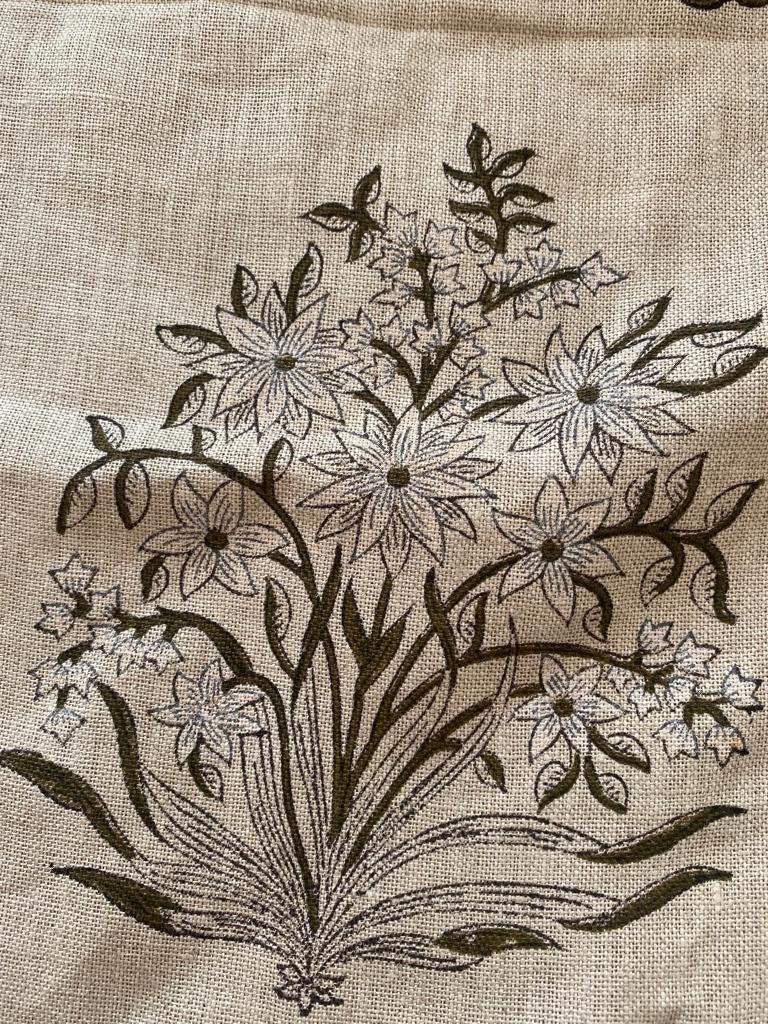 Handloom Linen Fabric -White Flower block print fabric - best for Upholstery , cushion cover , sofa/chair cover , and other crafts - Maple Village Lane