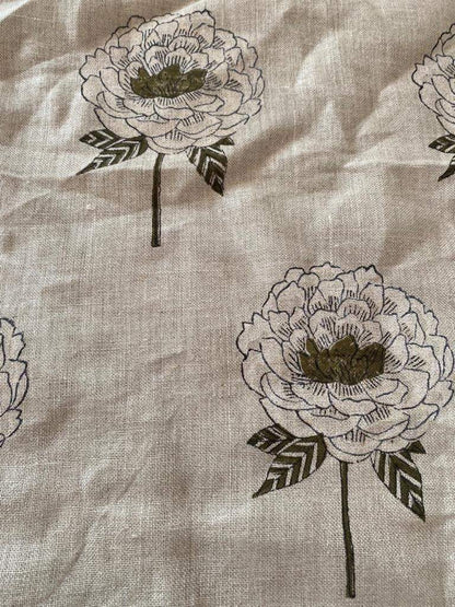 Handloom Linen Fabric -White Flower block print fabric - best for Upholstery , cushion cover , sofa/chair cover , and other crafts - Maple Village Lane