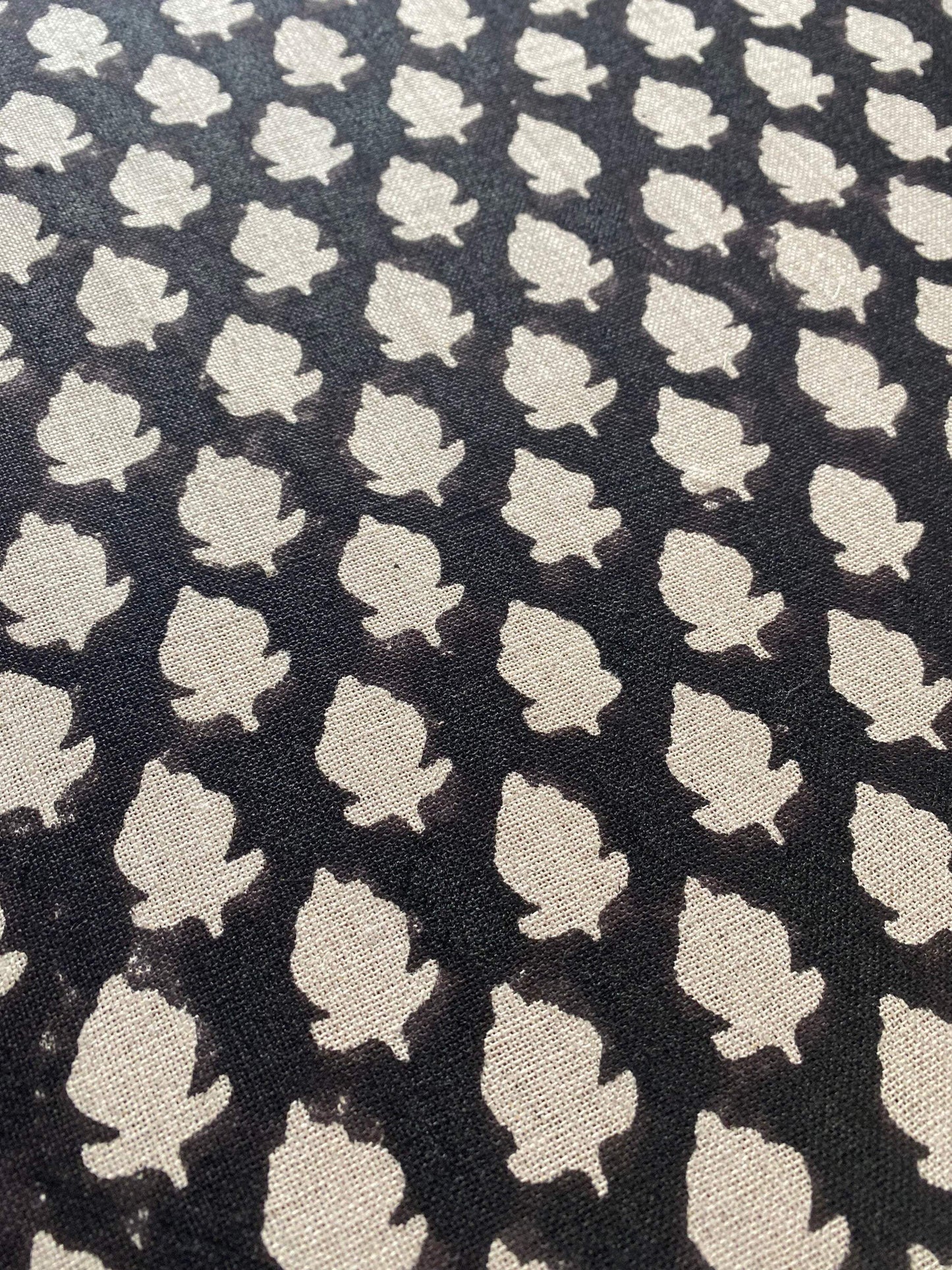 Handloom Linen Fabric - Black-flower block print fabric - best for Upholstery , cushion cover , sofa/chair cover , and other crafts - Maple Village Lane