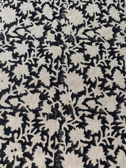 Block Print Handloom Linen Fabric Linen Fabric Flower Black Colour Upholstery Fabric, Pillow Cover ,Thick Linen Fabric Natural Colour - Maple Village Lane