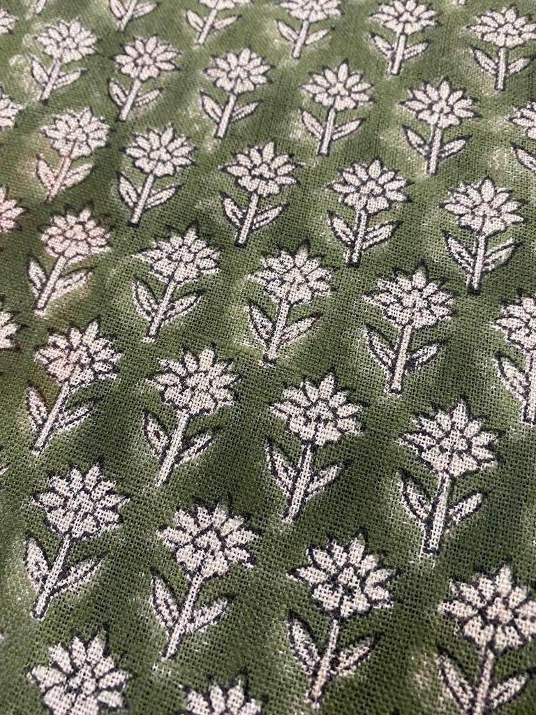 Tulsi Buti Handloom Linen Fabric Linen Fabric Flower Olive Green Colour Upholstery Fabric, Pillow Cover ,Thick Linen Fabric Natural Colour - Maple Village Lane