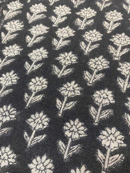 Tulsi Buti Handloom Linen Fabric Linen Fabric Flower Black Colour Upholstery Fabric, Pillow Cover ,Thick Linen Fabric Natural Colour - Maple Village Lane