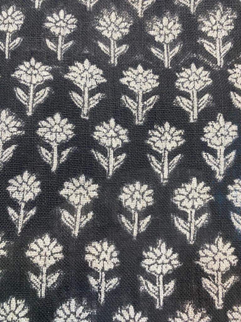 Tulsi Buti Handloom Linen Fabric Linen Fabric Flower Black Colour Upholstery Fabric, Pillow Cover ,Thick Linen Fabric Natural Colour - Maple Village Lane