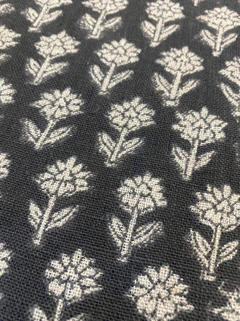 Tulsi Buti Handloom Linen Fabric Linen Fabric Flower Black Colour Upholstery Fabric, Pillow Cover ,Thick Linen Fabric Natural Colour - Maple Village Lane