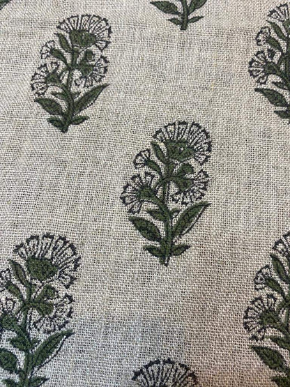 Naya Natural Buti Handloom Linen Fabric Linen Fabric Flower Olive Green Colour Upholstery Fabric, Pillow Cover ,Thick Linen Fabric - Maple Village Lane