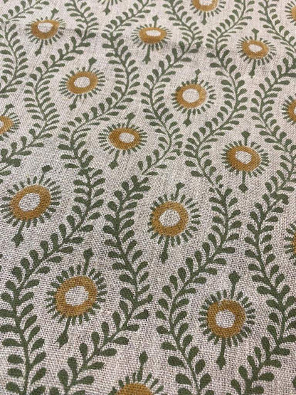 SHARRA || Handloom Linen Fabric Linen Fabric Flower Olive Green With Mustrad Colour Upholstery Fabric, Pillow Cover ,Thick Linen Fabric - Maple Village Lane