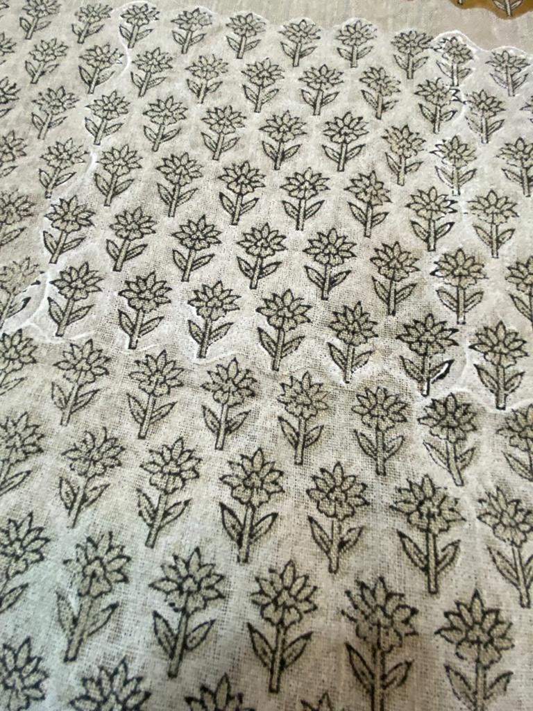 Tulsi Buti White Base With Black Outline Linen Fabric Linen Fabric Flower Upholstery Fabric, Pillow Cover ,Thick Linen Fabric Natural Colour - Maple Village Lane