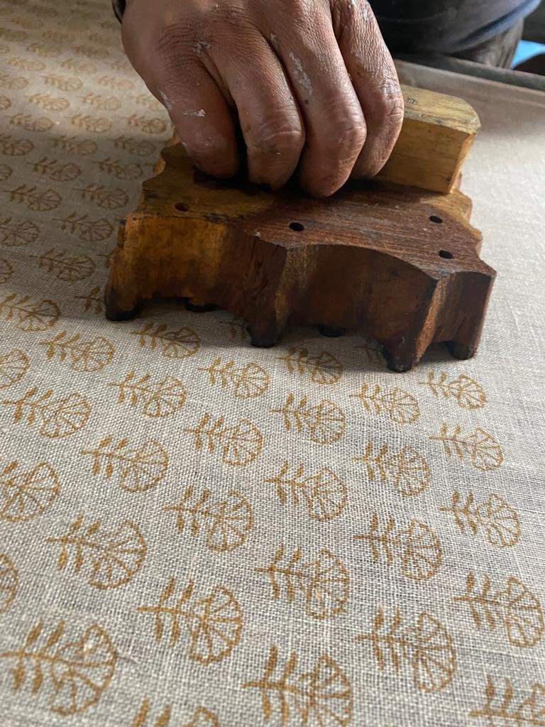 Natural Linen Fabric Indian Linen Fabric, Mustrad Color Booty , Block Printing Fabric, Designer Floral Printing on Fabric, Upholstery - Maple Village Lane