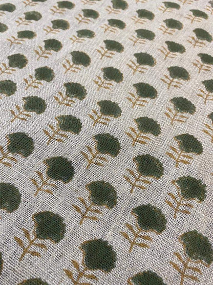 Natural Linen Fabric Indian Linen Fabric, Mustrad and Olive Green Block Printing Fabric, Designer Floral Printing on Fabric, Upholstery - Maple Village Lane