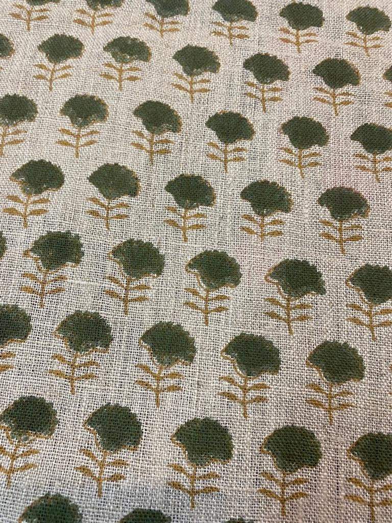 Natural Linen Fabric Indian Linen Fabric, Mustrad and Olive Green Block Printing Fabric, Designer Floral Printing on Fabric, Upholstery - Maple Village Lane