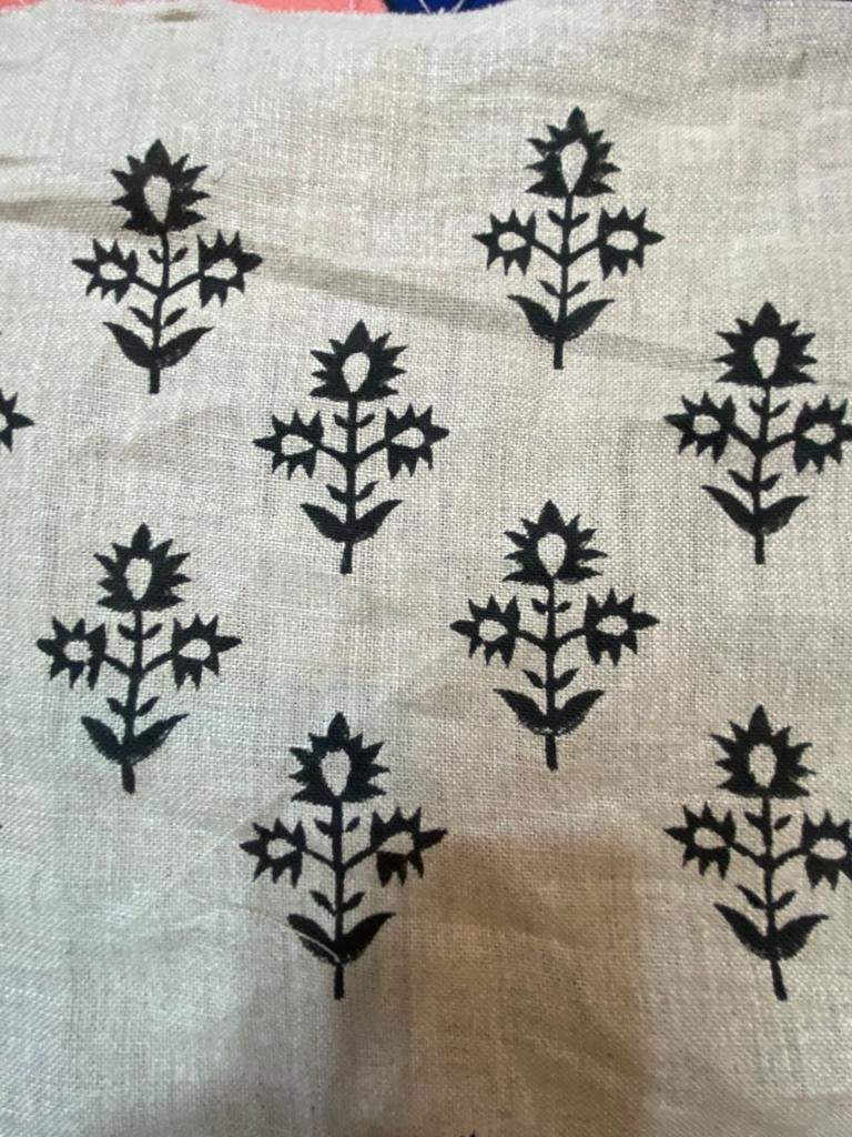 Block Print Fabric, Floral Print Linen, By the yards, Pillow Cover Fabric, For Table Cloth, Hand Woven Thick Linen Fabric For Upholstery - Maple Village Lane