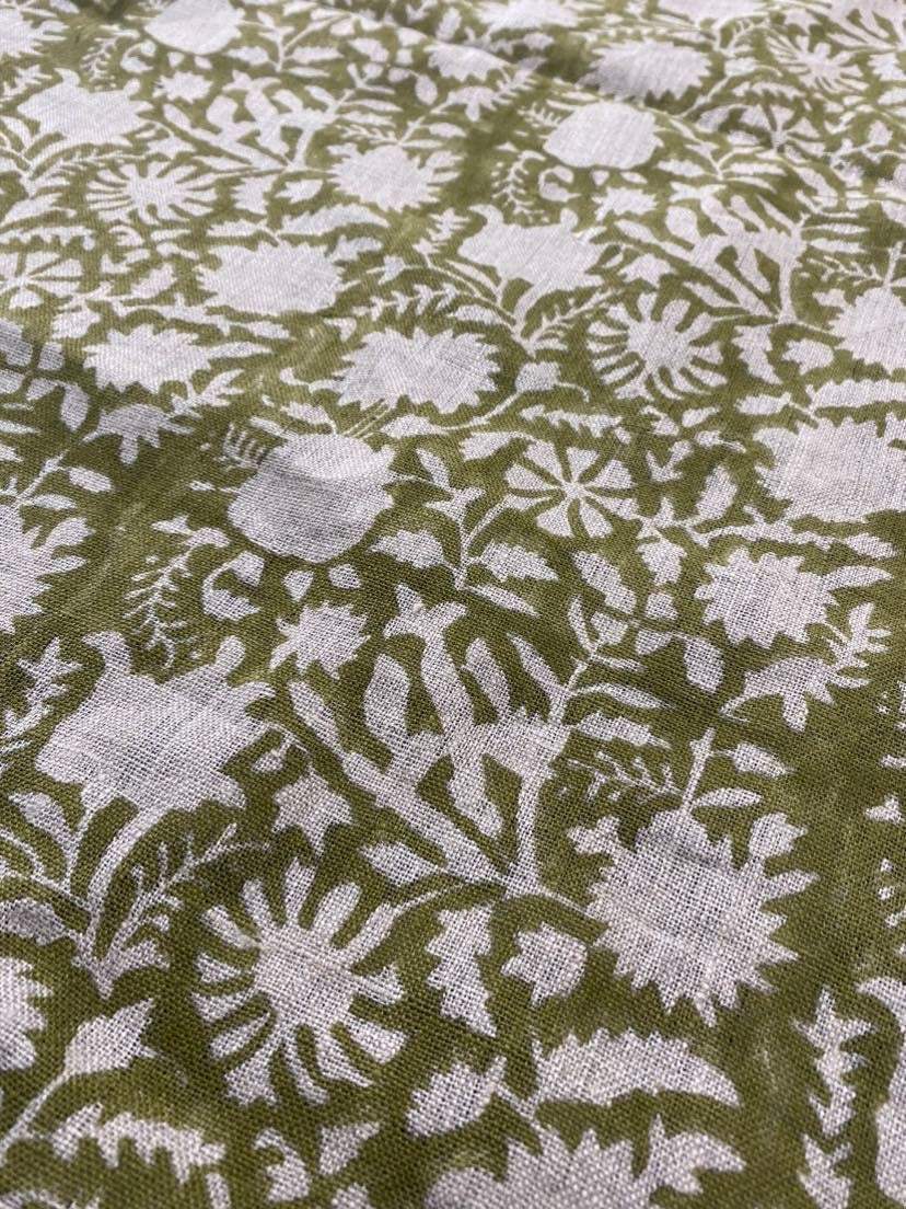 Block Print Fabric, Floral Print Linen, By the yards, Pillow Cover Fabric, For Table Cloth, Hand Woven Thick Linen Fabric For Upholstery - Maple Village Lane