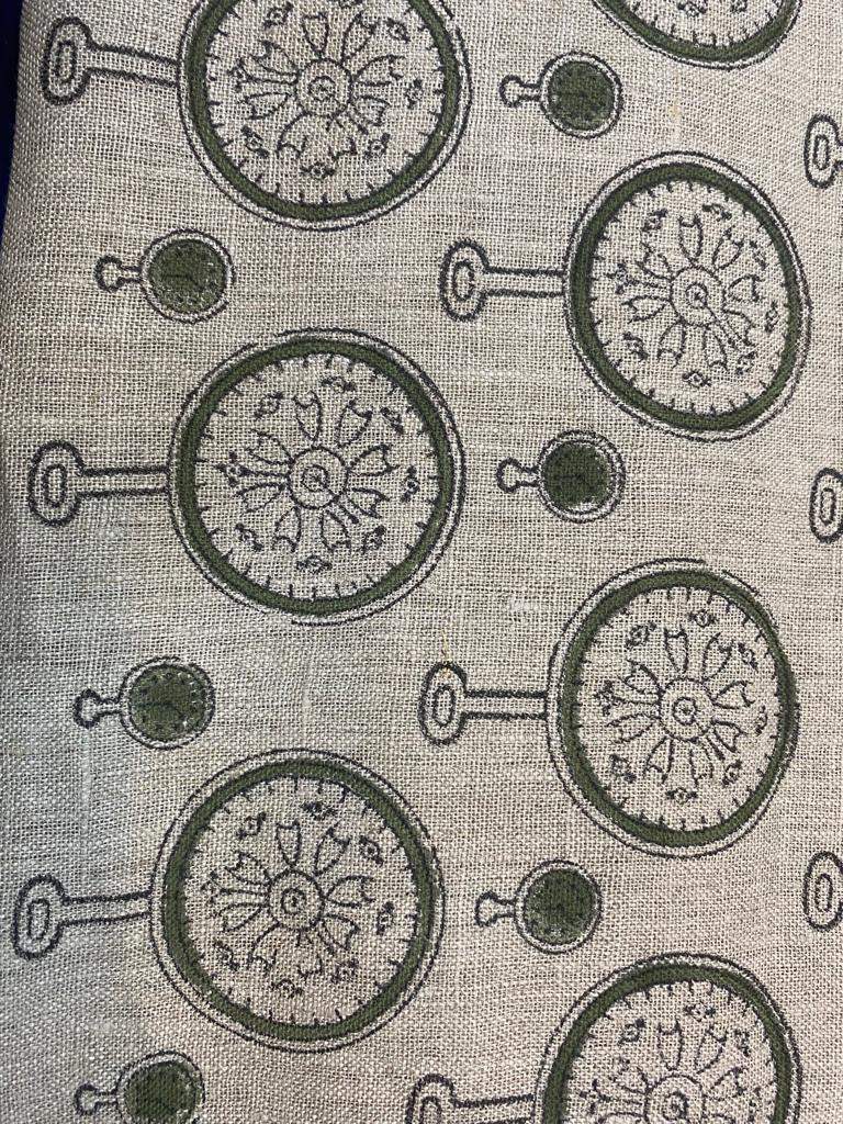 Clock Print linen fabric designer Indian hand block print heavy fabric pillowcases thick linen upholstery block printing art table cover - Maple Village Lane