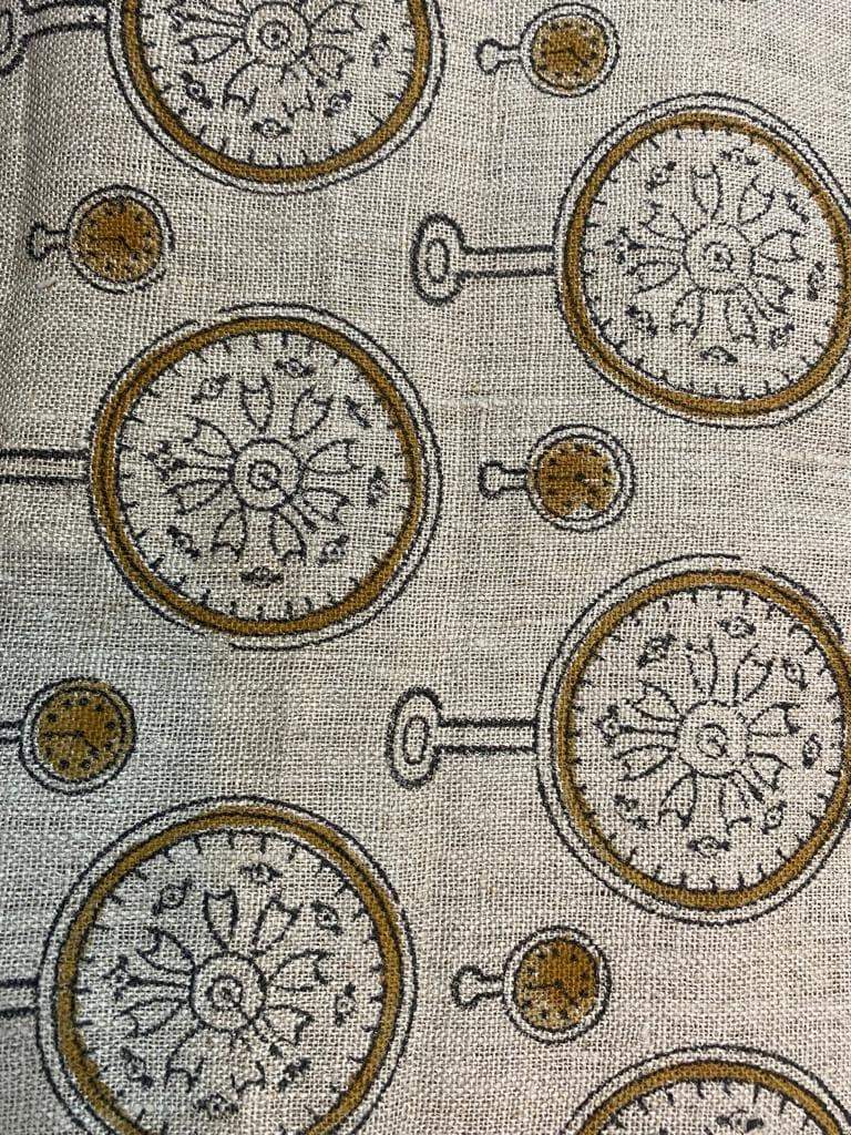 Clock Print linen fabric designer Indian hand block print heavy fabric pillowcases thick linen upholstery block printing art table cover - Maple Village Lane