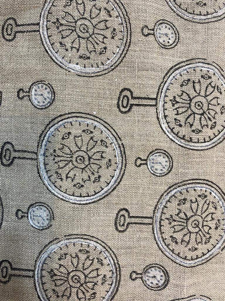 Clock Print linen fabric designer Indian hand block print heavy fabric pillowcases thick linen upholstery block printing art table cover - Maple Village Lane