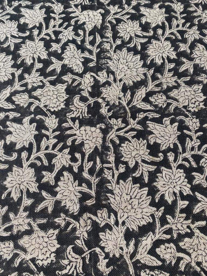 Block Print Handloom Linen Fabric Linen Fabric Flower Black Colour Upholstery Fabric, Pillow Cover ,Thick Linen Fabric Natural Colour - Maple Village Lane