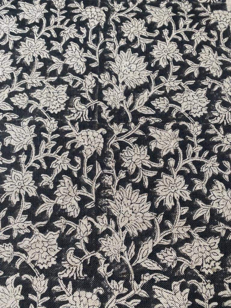 Block Print Handloom Linen Fabric Linen Fabric Flower Black Colour Upholstery Fabric, Pillow Cover ,Thick Linen Fabric Natural Colour - Maple Village Lane