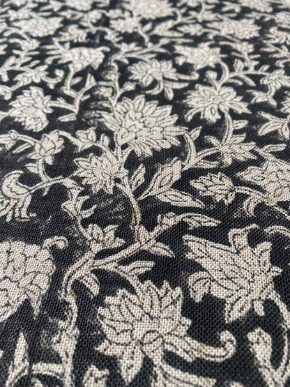 Block Print Handloom Linen Fabric Linen Fabric Flower Black Colour Upholstery Fabric, Pillow Cover ,Thick Linen Fabric Natural Colour - Maple Village Lane