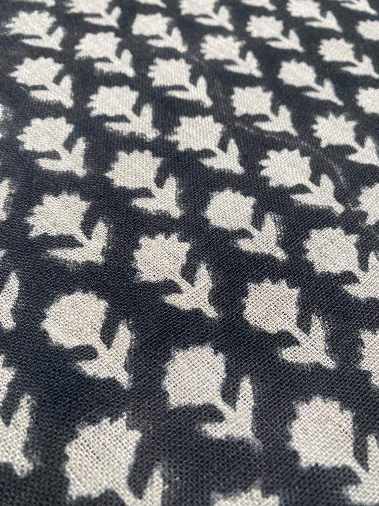 Tulsi Buti Handloom Linen Fabric Linen Fabric Flower Black Colour Upholstery Fabric, Pillow Cover ,Thick Linen Fabric Natural Colour - Maple Village Lane