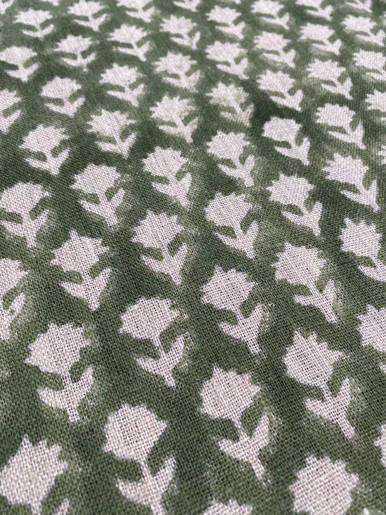 Tulsi Buti Handloom Linen Fabric Linen Fabric Flower Olive Green Colour Upholstery Fabric, Pillow Cover ,Thick Linen Fabric Natural Colour - Maple Village Lane