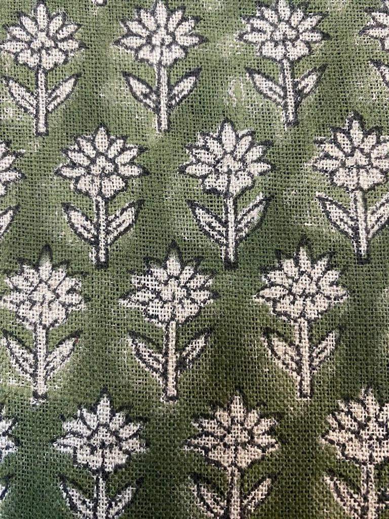 Tulsi Buti Handloom Linen Fabric Linen Fabric Flower Olive Green Colour Upholstery Fabric, Pillow Cover ,Thick Linen Fabric Natural Colour - Maple Village Lane