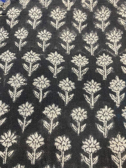 Tulsi Buti Handloom Linen Fabric Linen Fabric Flower Black Colour Upholstery Fabric, Pillow Cover ,Thick Linen Fabric Natural Colour - Maple Village Lane