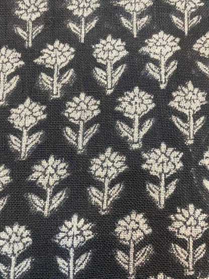 Tulsi Buti Handloom Linen Fabric Linen Fabric Flower Black Colour Upholstery Fabric, Pillow Cover ,Thick Linen Fabric Natural Colour - Maple Village Lane