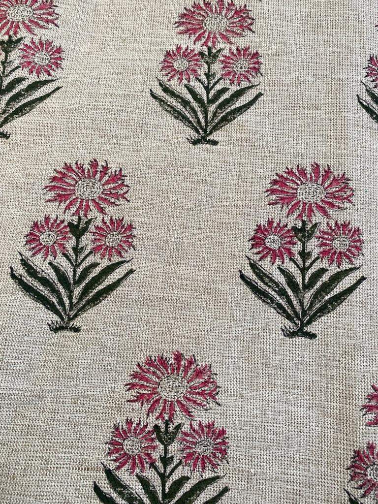 Gerbera Flower Handloom Linen Fabric Linen Fabric Flower Black Color Upholstery Fabric, Pillow Cover ,Thick Linen Fabric Natural Color , - Maple Village Lane