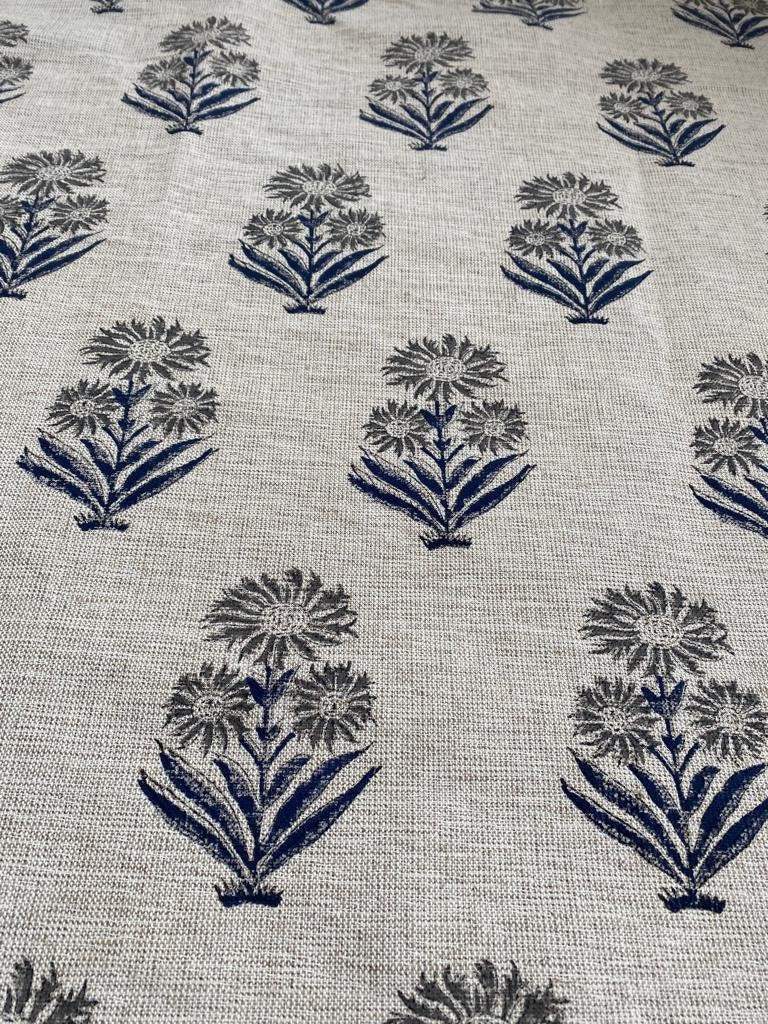 Gerbera Flower Handloom Linen Fabric Linen Fabric Flower Black Color Upholstery Fabric, Pillow Cover ,Thick Linen Fabric Natural Color, - Maple Village Lane