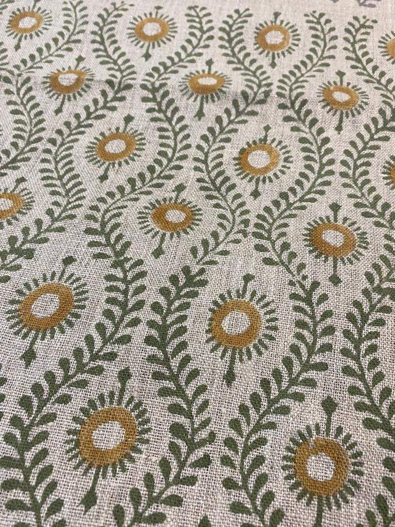 SHARRA || Handloom Linen Fabric Linen Fabric Flower Olive Green With Mustrad Colour Upholstery Fabric, Pillow Cover ,Thick Linen Fabric - Maple Village Lane