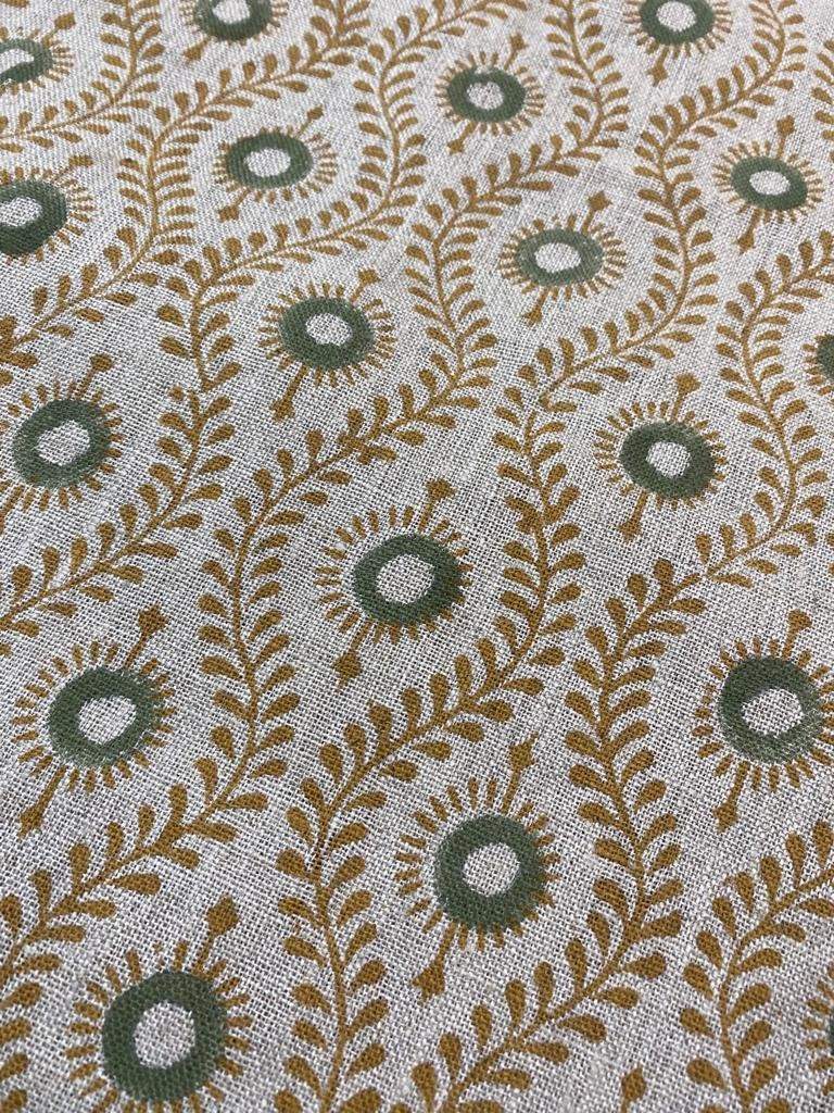 Sahara Motif Handloom Linen Fabric Linen Fabric Flower Mustrad With Olive Green Colour Upholstery Fabric, Pillow Cover ,Thick Linen Fabric - Maple Village Lane