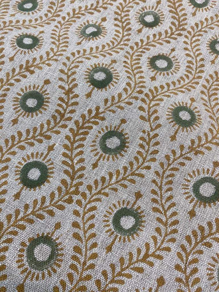 Sahara Motif Handloom Linen Fabric Linen Fabric Flower Mustrad With Olive Green Colour Upholstery Fabric, Pillow Cover ,Thick Linen Fabric - Maple Village Lane