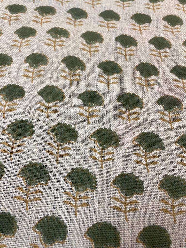 Natural Linen Fabric Indian Linen Fabric, Mustrad and Olive Green Block Printing Fabric, Designer Floral Printing on Fabric, Upholstery - Maple Village Lane