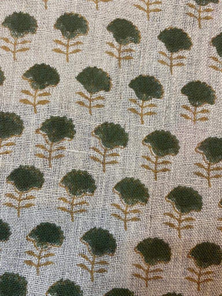 Natural Linen Fabric Indian Linen Fabric, Mustrad and Olive Green Block Printing Fabric, Designer Floral Printing on Fabric, Upholstery - Maple Village Lane