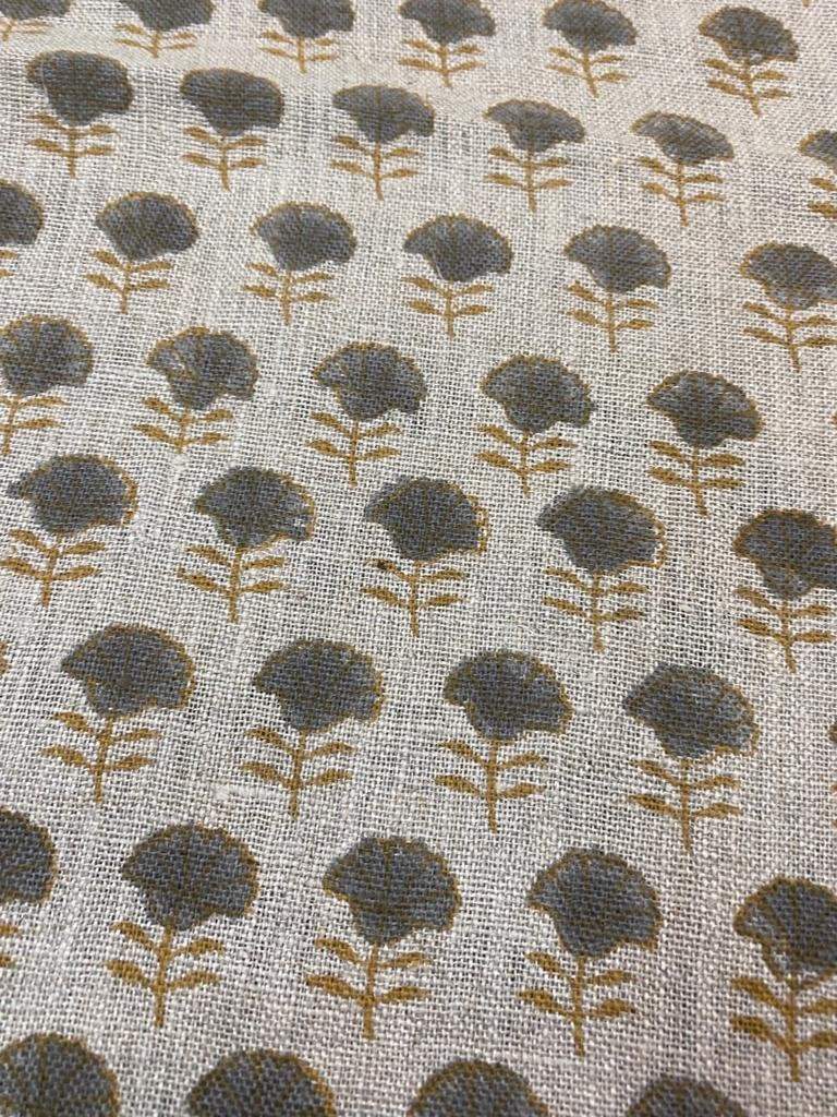 Natural Linen Fabric Indian Linen Fabric, Mustrad and grey colour, Block Printing Fabric, Designer Floral Printing on Fabric, Upholstery - Maple Village Lane