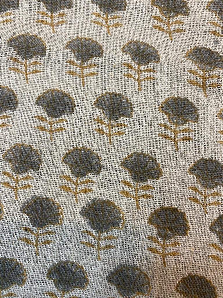 Natural Linen Fabric Indian Linen Fabric, Mustrad and grey colour, Block Printing Fabric, Designer Floral Printing on Fabric, Upholstery - Maple Village Lane