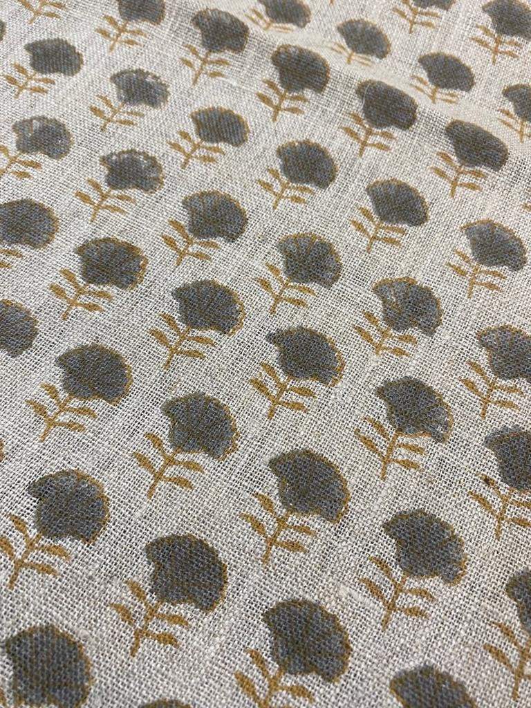 Natural Linen Fabric Indian Linen Fabric, Mustrad and grey colour, Block Printing Fabric, Designer Floral Printing on Fabric, Upholstery - Maple Village Lane