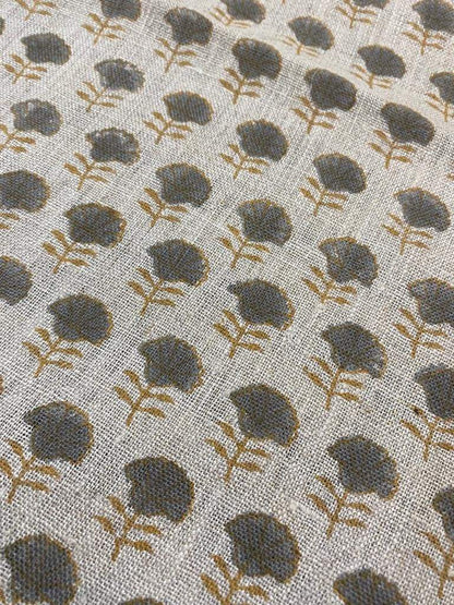 Natural Linen Fabric Indian Linen Fabric, Mustrad and grey colour, Block Printing Fabric, Designer Floral Printing on Fabric, Upholstery - Maple Village Lane